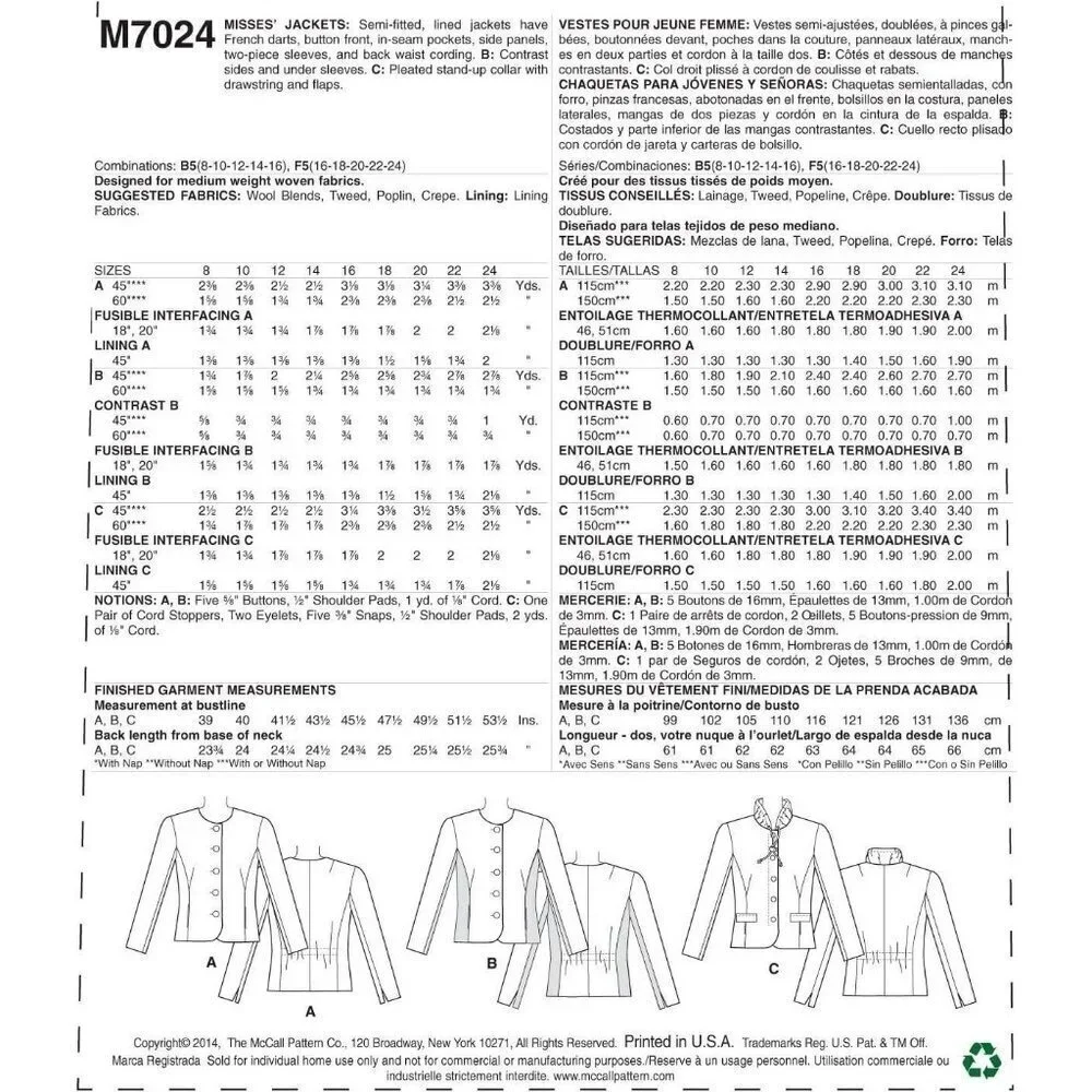 McCalls Sewing Pattern 7024‎ Jacket Coat Misses Size 16-24